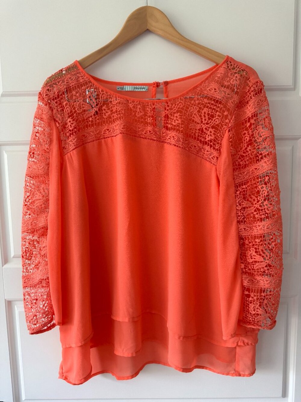 Maurices Flowy Salmon Pink Lacy Multi-tiered Blouse Size XL
